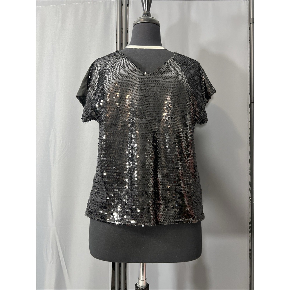 Black Sparkly Sequin Top V Neck Blouse Sz S Classic Elegant Cocktail Shirt #J